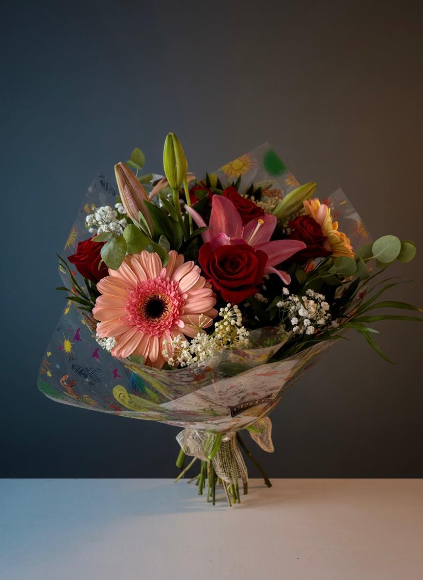 Ramo con rosas, lilium y gerbera
